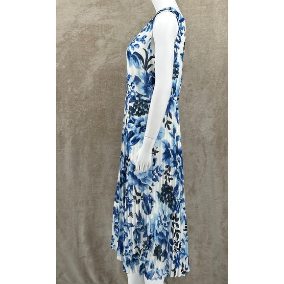 Talbots Dress Womens 10 Blue White Floral Sleeveless‎ Midi Office Church Modest - Picture 5 of 11